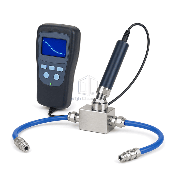 Dew point meter right-side view showing handheld enclosure depth, cable port and sampling assembly