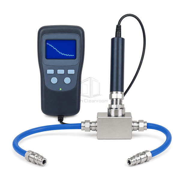 Dew point meter front view showing blue trend screen, five buttons and connected stainless probe