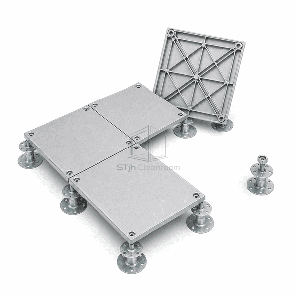 Three flat aluminum floor panels and one lifted ribbed panel on a support grid