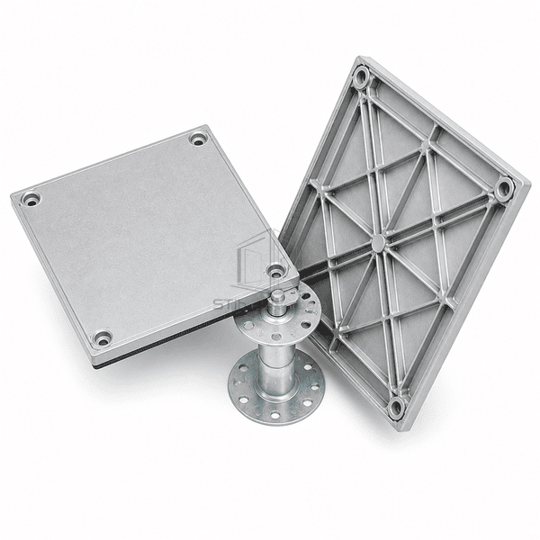 Flat and lifted aluminum floor panels at a single pedestal connection