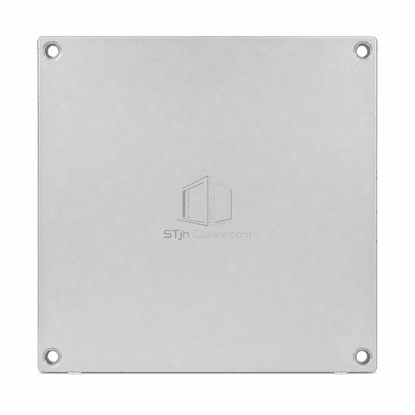 Front view of a die-cast aluminum floor panel with four corner sockets