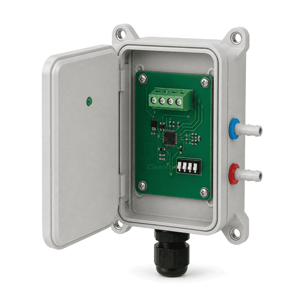Open service view of the differential pressure sensor single PCB four-position terminal and DIP switches