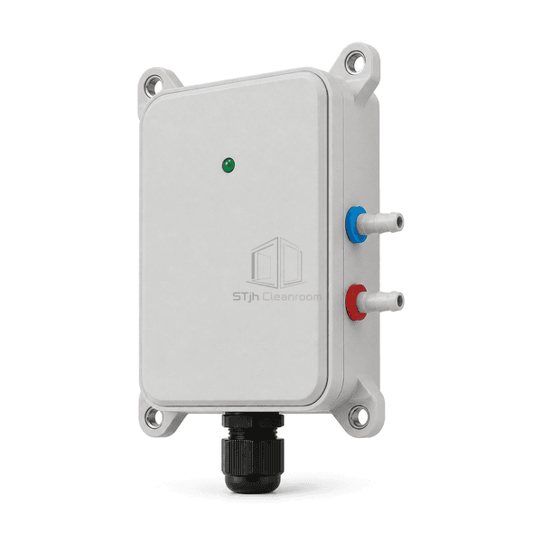 Low right-side view emphasizing the separate blue and red pressure connections on the sensor housing