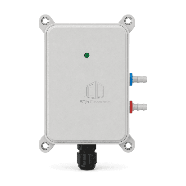 Straight front view of the complete low differential pressure transmitter with four mounts and cable gland
