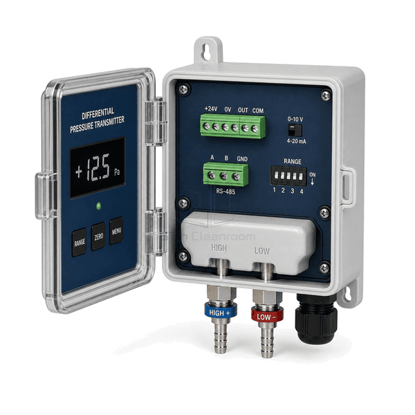 Open-cover rear three-quarter view of the entire pressure transmitter with removable output terminal and high-low tubing ports clearly exposed