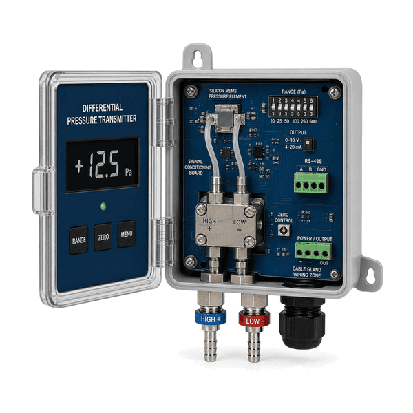Open side view showing MEMS sensing section and isolated signal terminals