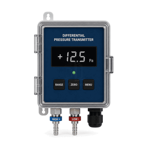 Front view of cleanroom pressure transmitter with optional LCD and range markings