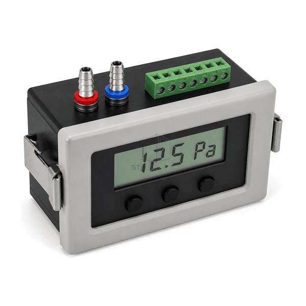 High overhead complete view of the cleanroom digital differential pressure gauge terminal and mounting clips