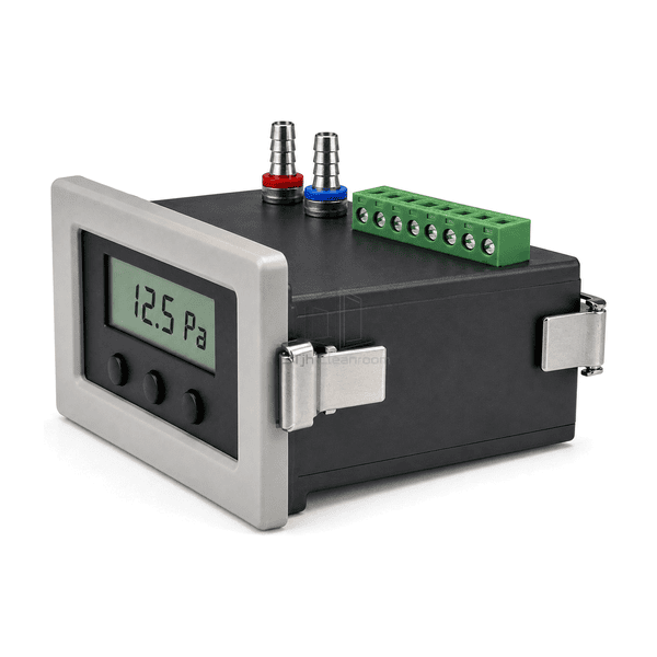 Rear service view of the digital differential pressure gauge seven-position terminal two ports and panel clamps