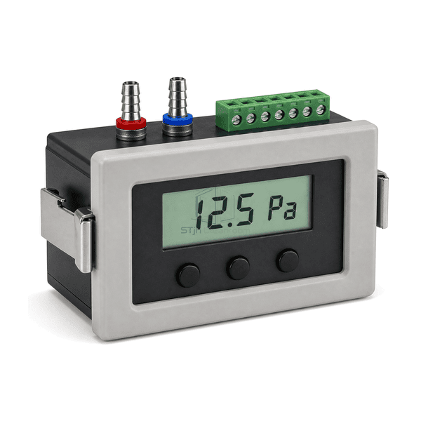 Low side view of the digital pressure gauge enclosure and separate red high and blue low hose fittings