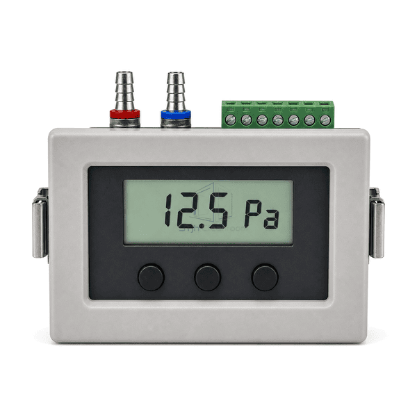 Straight front view of the complete panel-mount differential pressure gauge showing 12.5 Pa and three buttons
