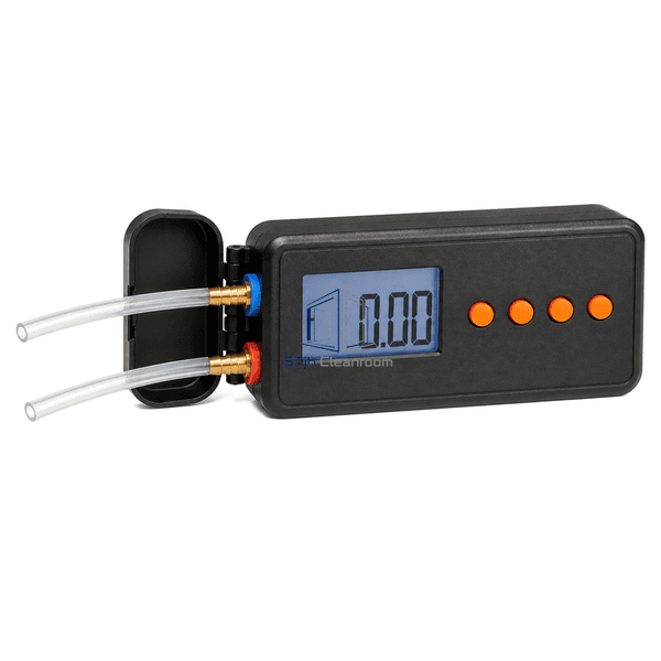 Digital manometer horizontal view with connected pressure tubing