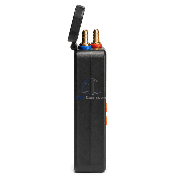 Digital manometer side view showing protective cap and housing depth