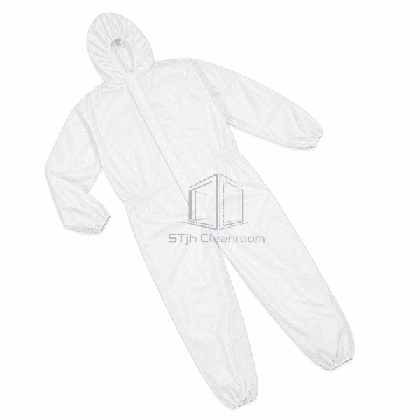 Disposable cleanroom coverall laid flat with full hood and legs
