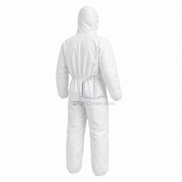 Disposable cleanroom coverall rear view showing hood and waist
