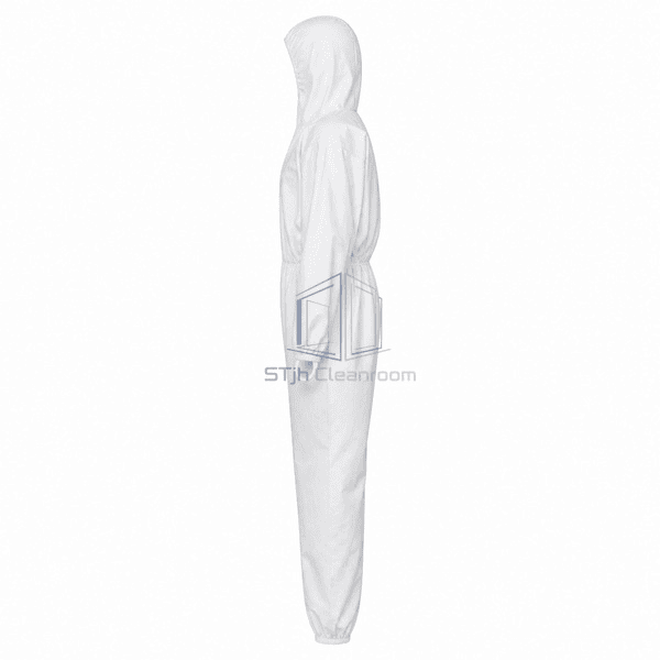 Disposable cleanroom coverall side view with elastic openings
