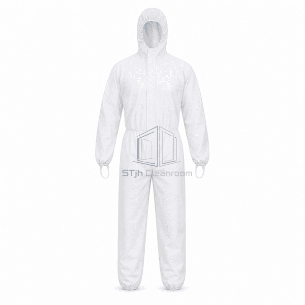 Disposable cleanroom coverall full front view with zipper flap