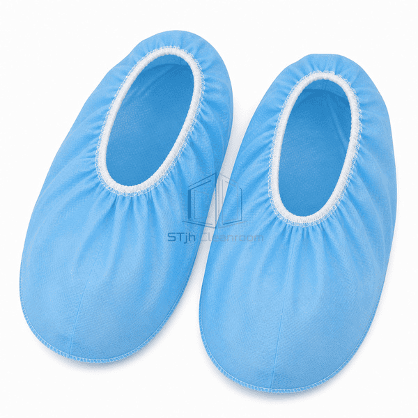 Disposable shoe cover pair showing gathered elastic openings