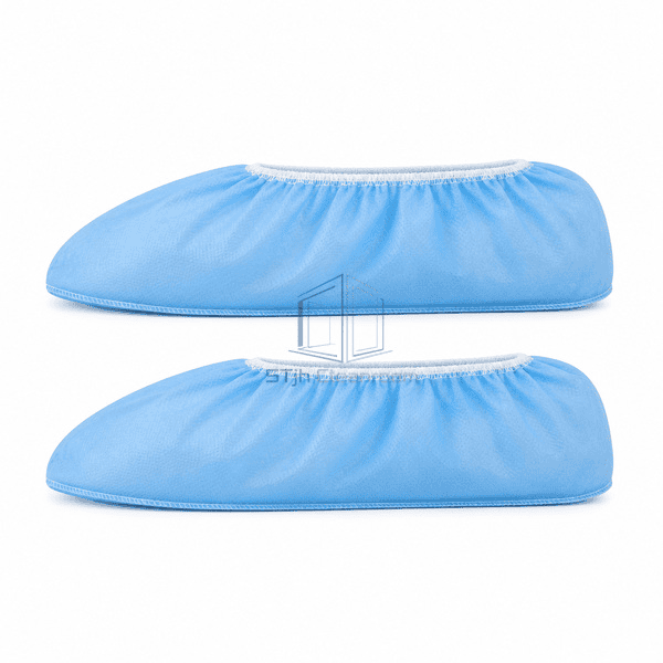Blue nonwoven shoe covers showing elasticized side profile