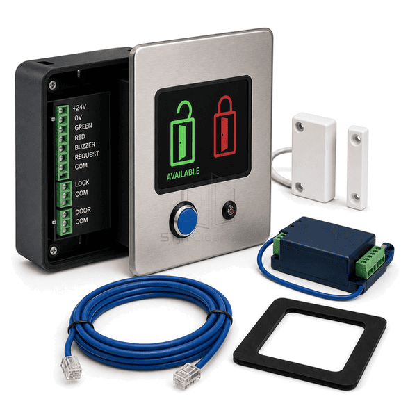 Rear three-quarter view of the entire door indicator with recessed wall box, lock-status input plug and request-button terminals clearly exposed