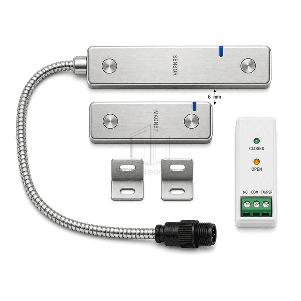 Horizontal full-length view of door sensor, magnet and armored cable option