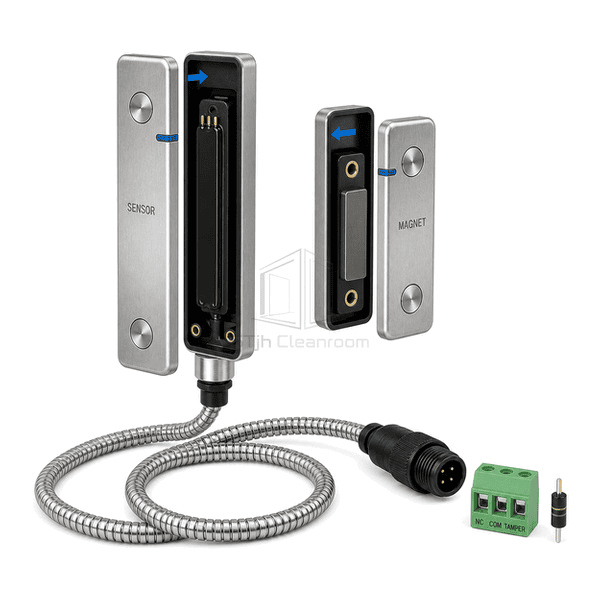 Three-quarter view of the entire paired door sensor with sealed pigtail exit, recessed magnet pocket and alignment marks clearly exposed