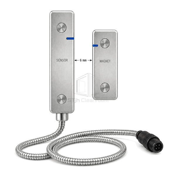 Front view of flush magnetic door contact installed as a matched pair