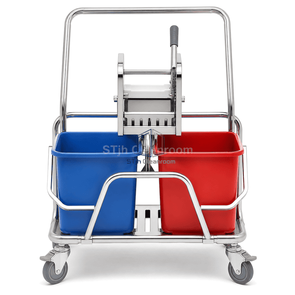 Front view of blue and red cleanroom mop buckets