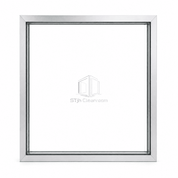 Full-height twin-pane cleanroom glass wall viewed from the room side