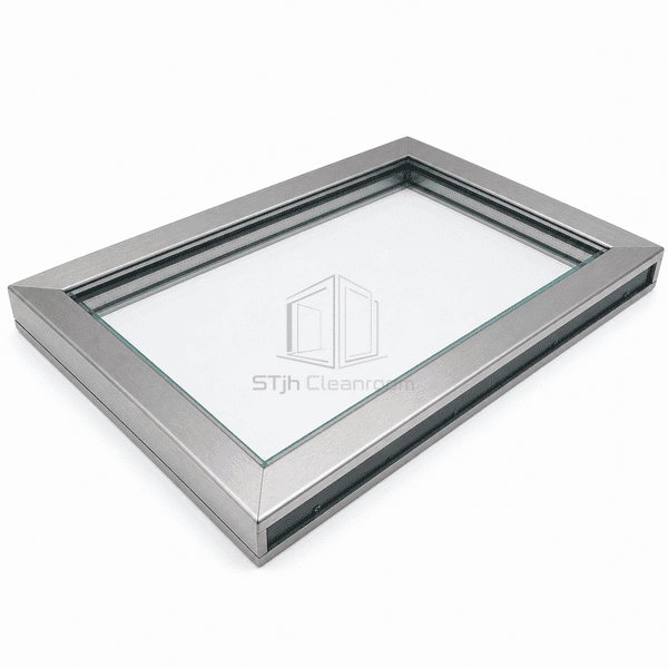 Double-glazed cleanroom window shown horizontally within a complete wall-depth frame