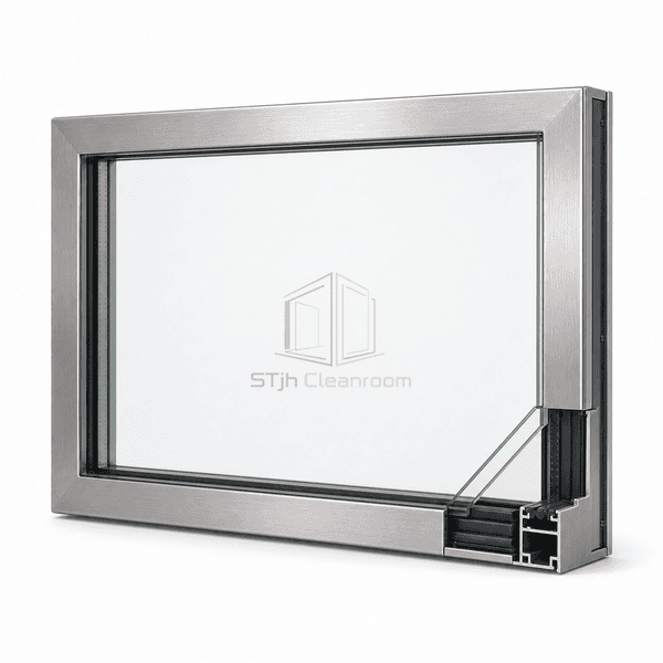 Double-glazed cleanroom window spacer seal and flush frame interface detail