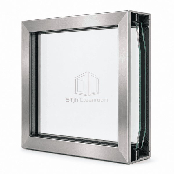Double-glazed cleanroom window side section showing twin panes and sealed cavity