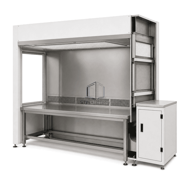 Side cutaway of the vertical supply and filtered return-air path
