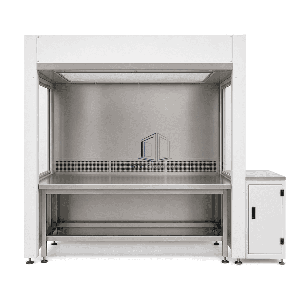 Front view into the booth showing ceiling diffuser and low return wall