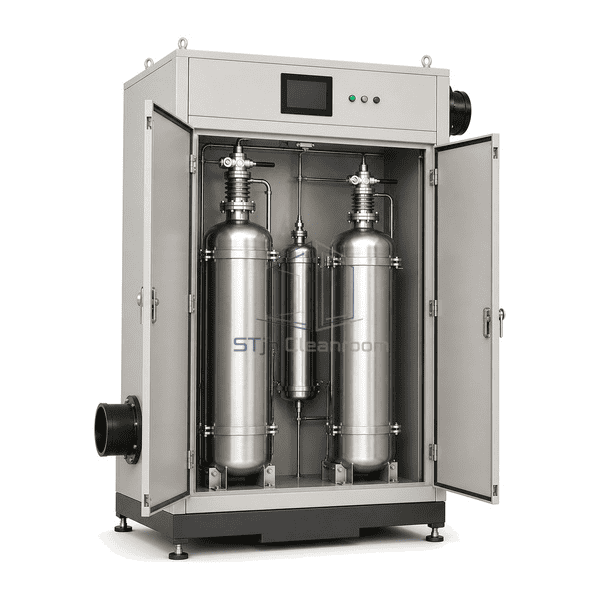 Dry gas scrubber complete low front-left view emphasizing one column valve, bellows, purge port and sealed mounting interface