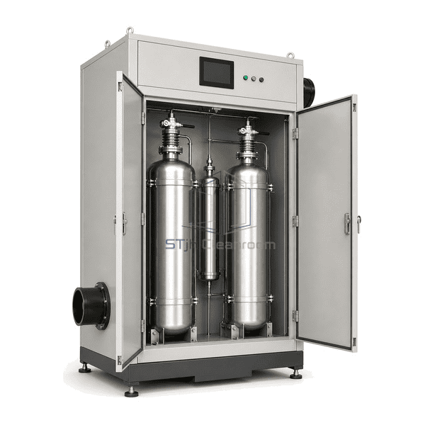 Dry gas scrubber complete left-side service view emphasizing absorber depth, isolation valves and stainless bellows
