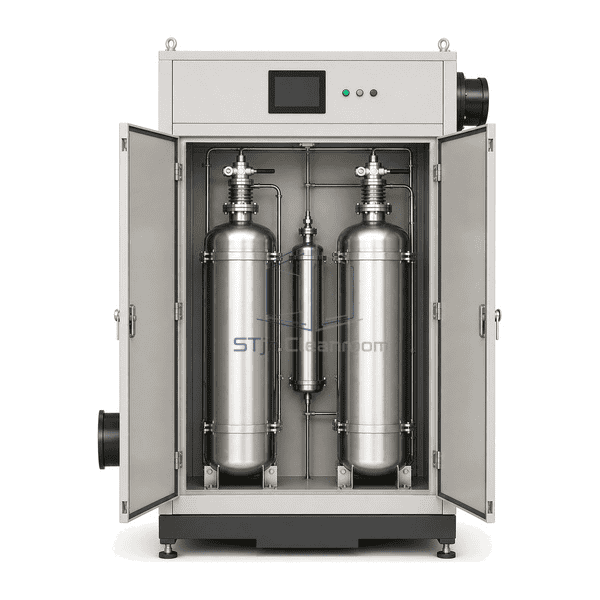Dry gas scrubber complete upright front view showing two main columns, centered backup column, touchscreen and status lights