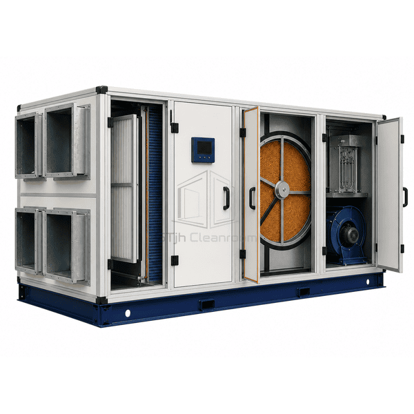 Cutaway showing precool coil desiccant rotor postcool coil and fans