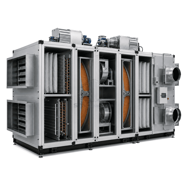 Cutaway showing filters coils fans and desiccant rotors inside the dry-room system