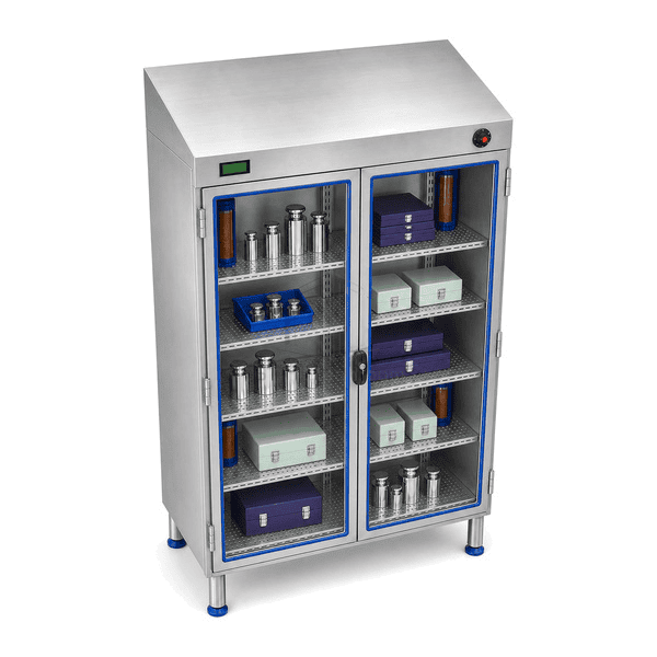 Elevated view of dry storage cabinet sloped roof and door seals