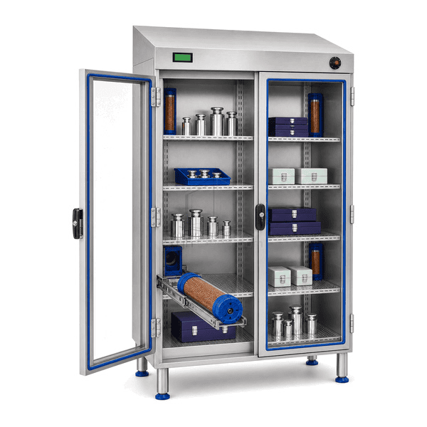Open dry storage cabinet showing silica-gel cartridge holder equalization valve and shelf rails