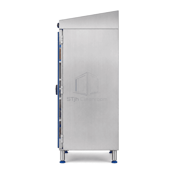 Side view showing stainless dry cabinet depth and desiccant holders