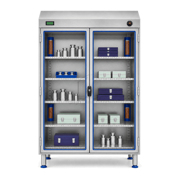 Front view of dry storage cabinet shelves and RH display