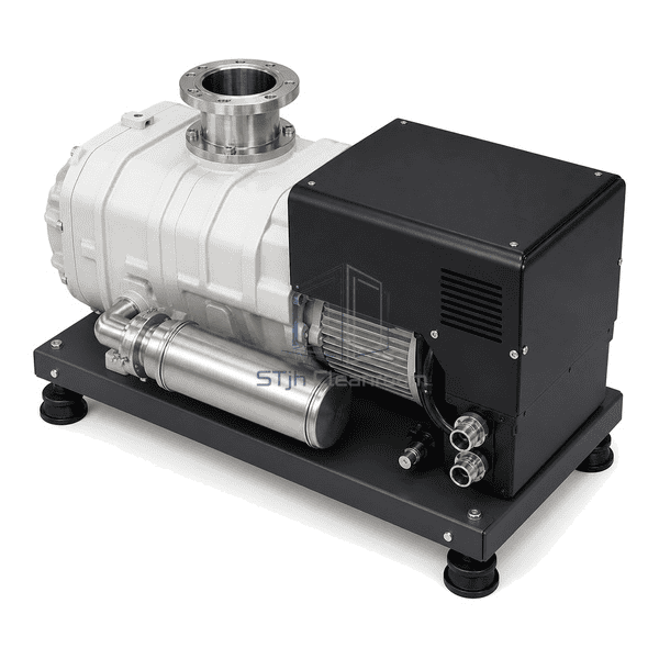 Complete dry vacuum pump elevated rear view showing the DN63 inlet, DN40 exhaust path, purge port and cooling connections