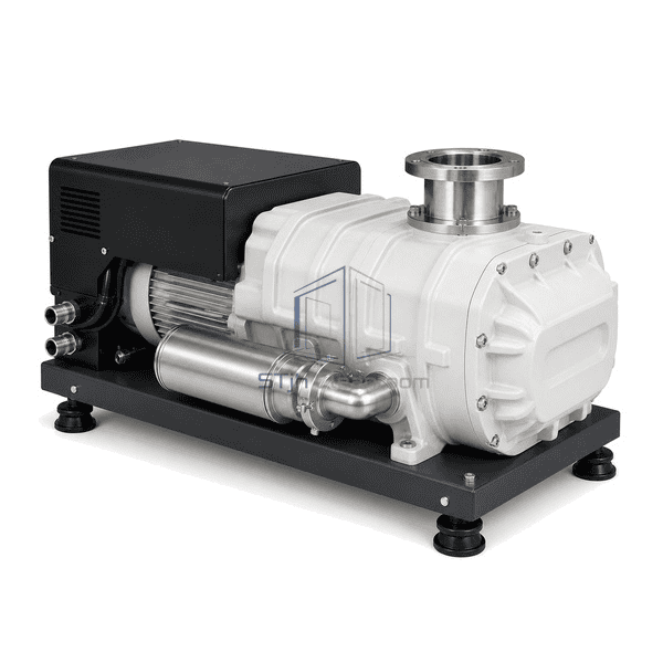 Complete dry vacuum pump low front-right view emphasizing the inlet flange, exhaust silencer and paired cooling-water fittings