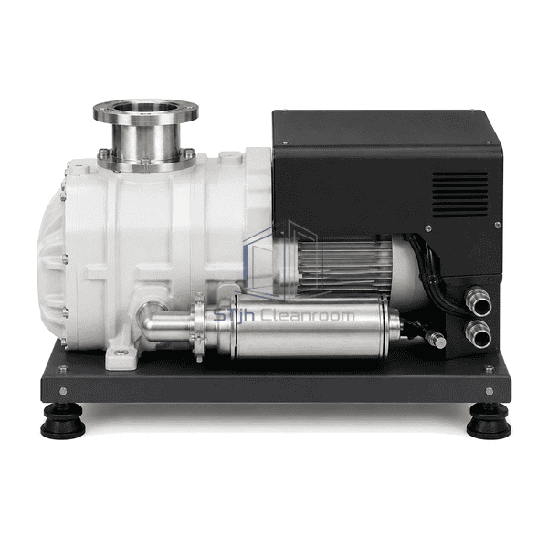 Complete dry vacuum pump side view emphasizing the long screw housing, integrated motor and black protective drive cover