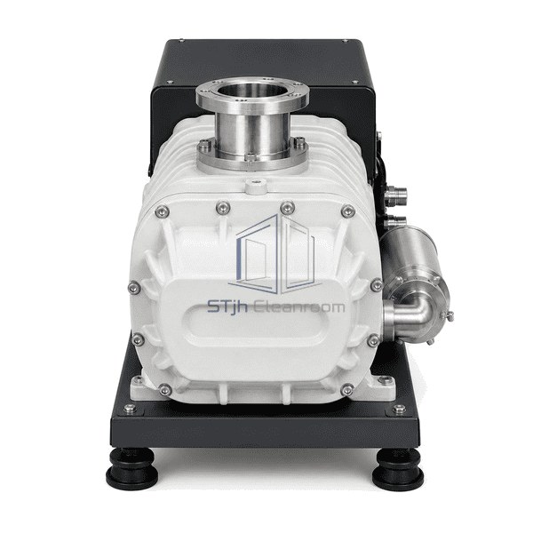 Dry vacuum pump straight front view showing the single screw casing, top inlet, silencer, base and four isolating feet