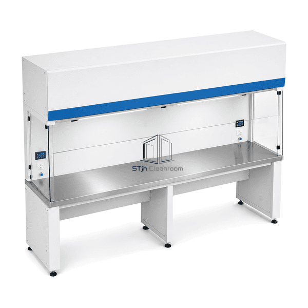 High-angle view across the continuous two-person stainless worktop