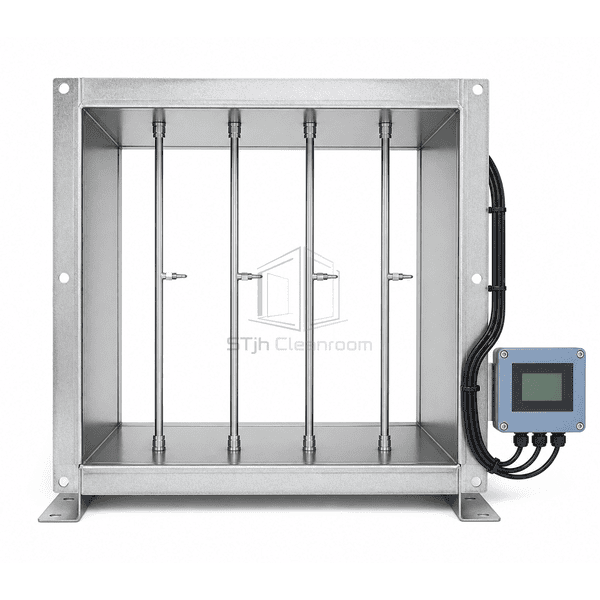 Front view of stainless airflow sensing probes across a rectangular duct frame