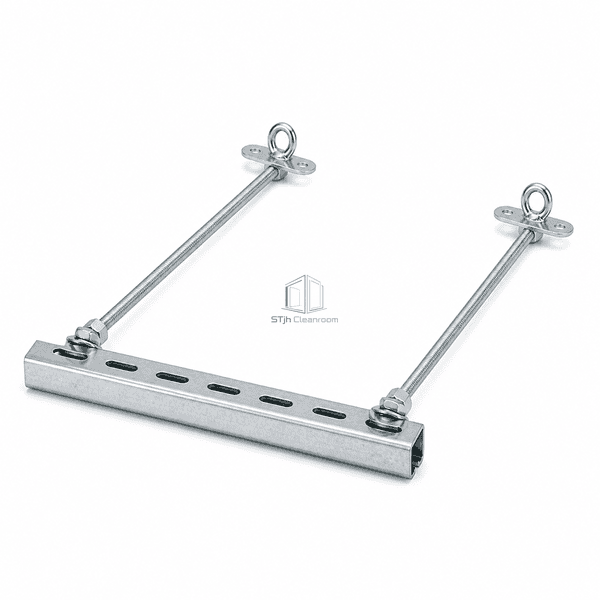 Complete horizontal layout of a galvanized rectangular duct hanger assembly